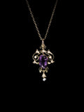 Antique 9ct Yellow Gold Amethyst and Pearl Lavalier Pendant