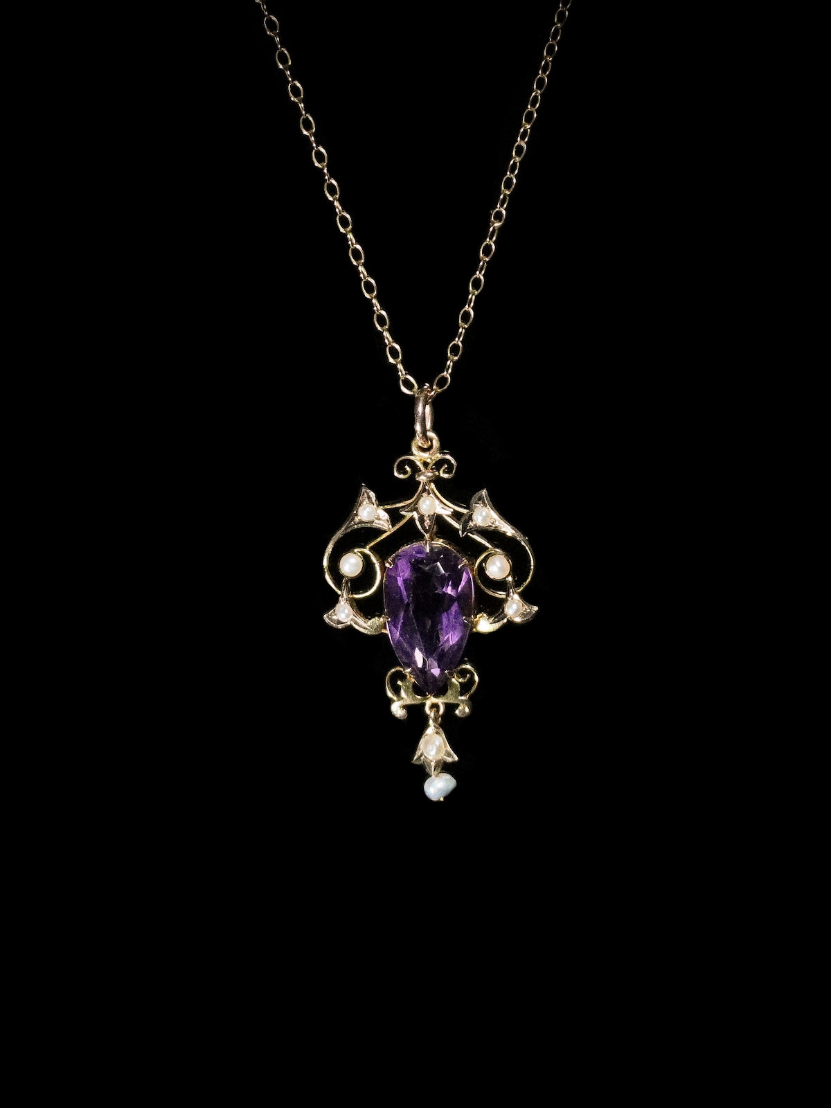 Antique 9ct Yellow Gold Amethyst and Pearl Lavalier Pendant