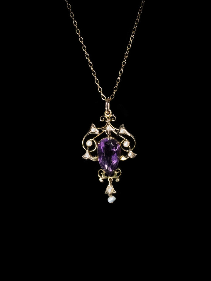 Antique 9ct Yellow Gold Amethyst and Pearl Lavalier Pendant