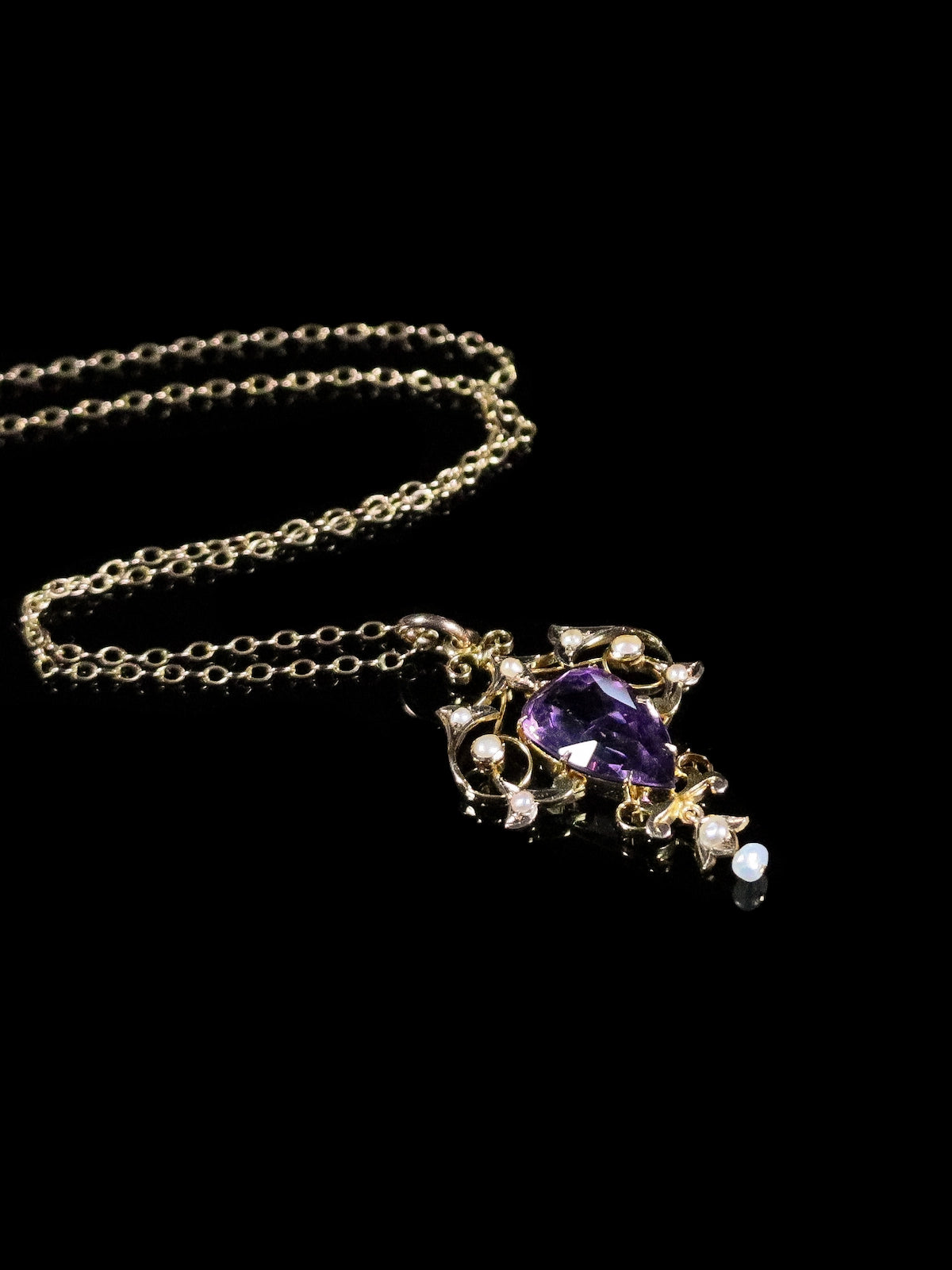 Antique 9ct Yellow Gold Amethyst and Pearl Lavalier Pendant