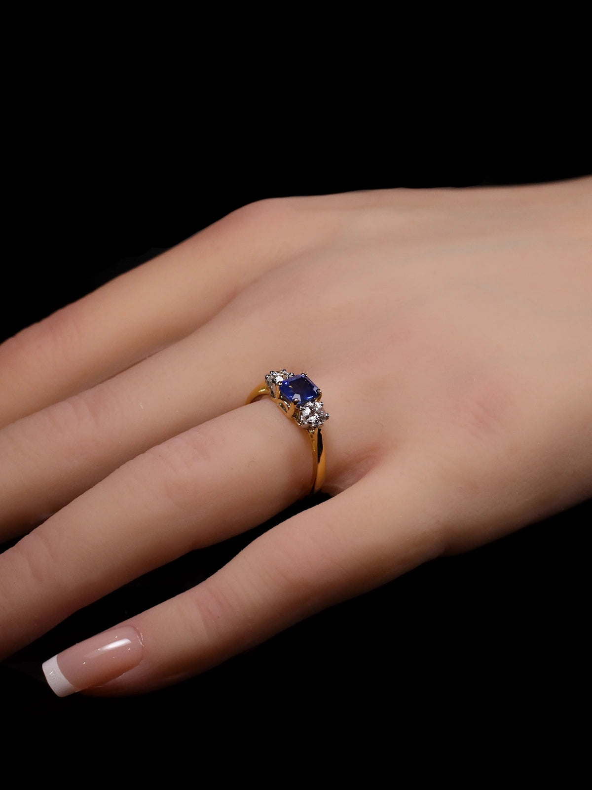 18ct Gold and Platinum Square Sapphire and Diamond Trilogy Ring