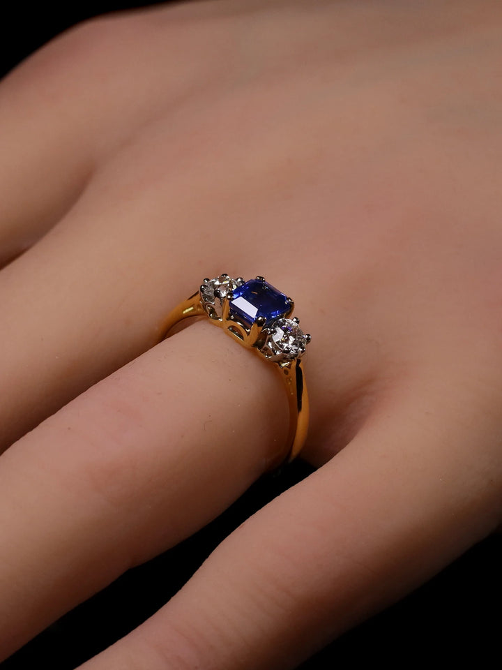 18ct Gold and Platinum Square Sapphire and Diamond Trilogy Ring