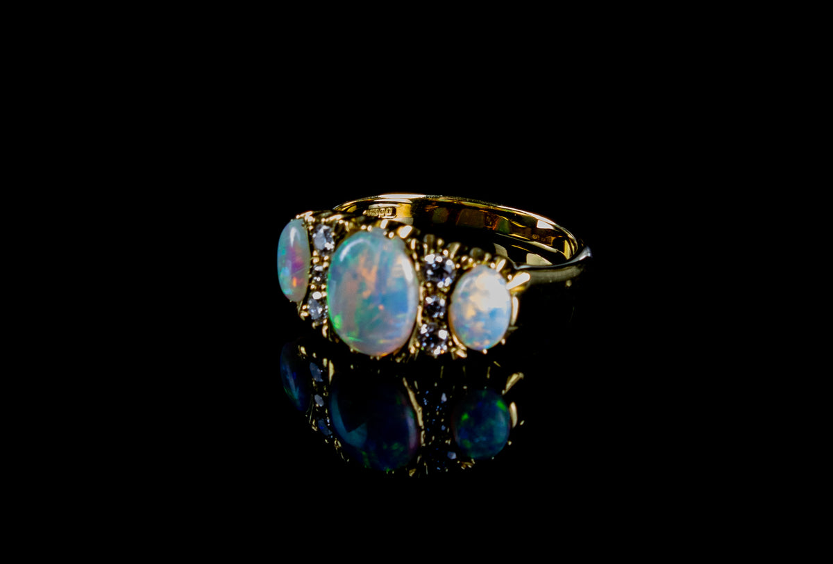 18ct Yellow Gold Three Stone Opal and Diamond Dress Ring
