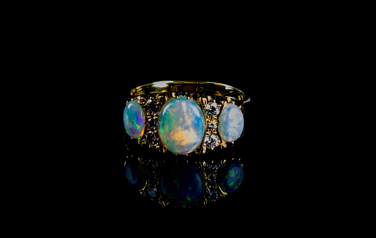18ct Yellow Gold Three Stone Opal and Diamond Dress Ring