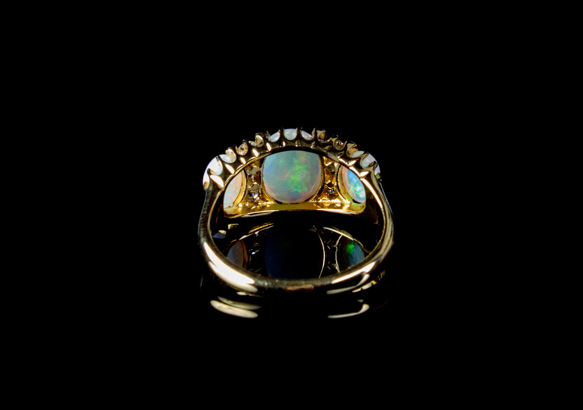 18ct Yellow Gold Three Stone Opal and Diamond Dress Ring
