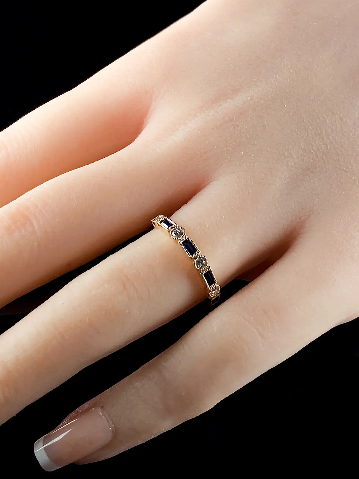 Art Deco Style 18ct Gold Nine Stone Diamond and 0.44ct Sapphire Half Eternity Ring