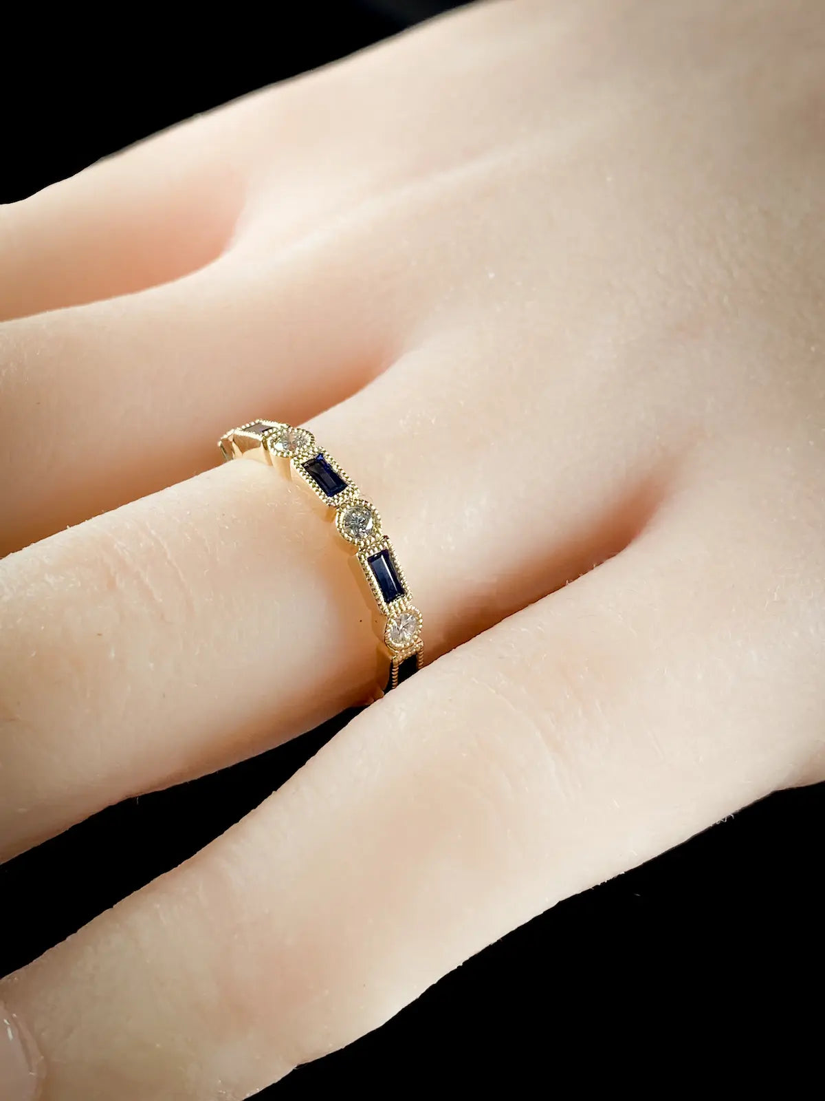 Art Deco Style 18ct Gold Nine Stone Diamond and 0.44ct Sapphire Half Eternity Ring