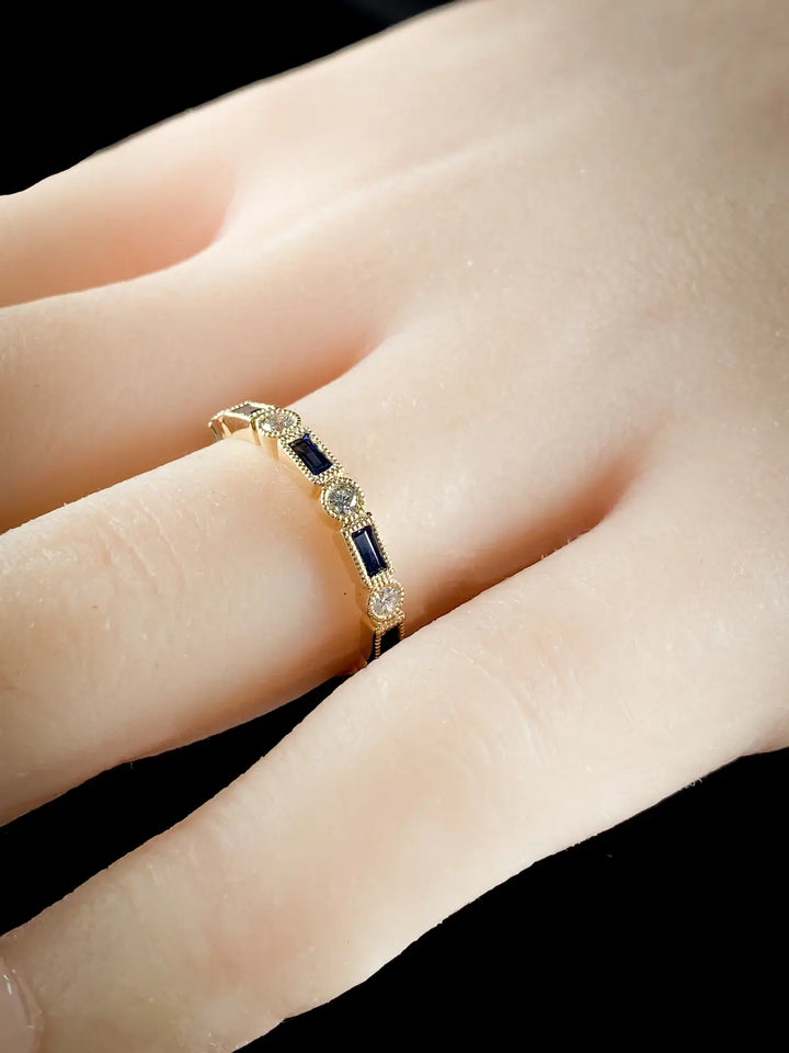 Art Deco Style 18ct Gold Nine Stone Diamond and 0.44ct Sapphire Half Eternity Ring