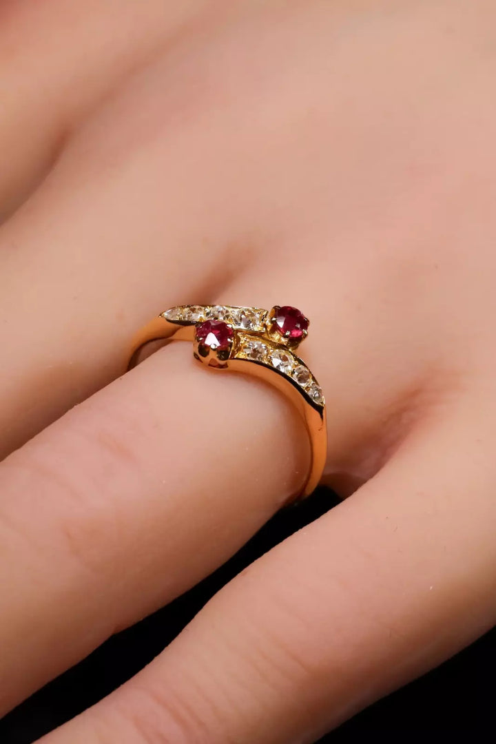 Antique 18ct Yellow Gold Ruby and Old-Cut Diamond Twist Ring