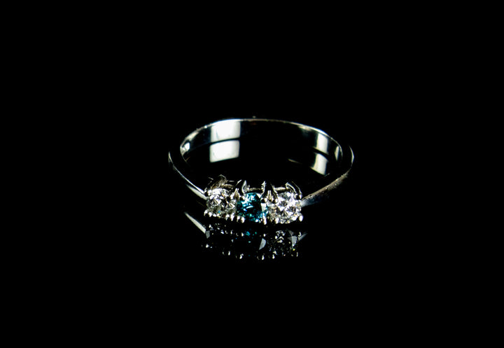 Three Stone Blue Zircone and Diamond Ring set in Platinum