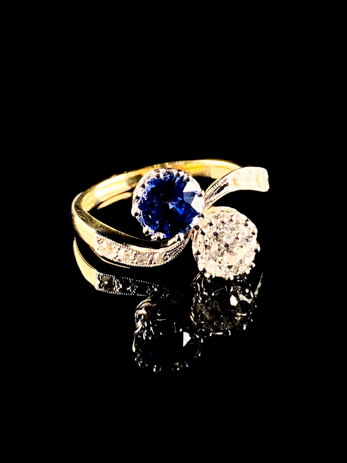 18ct Gold and Platinum Two Stone 1.13ct Sapphire and Old Cut Diamond Crossover Ring