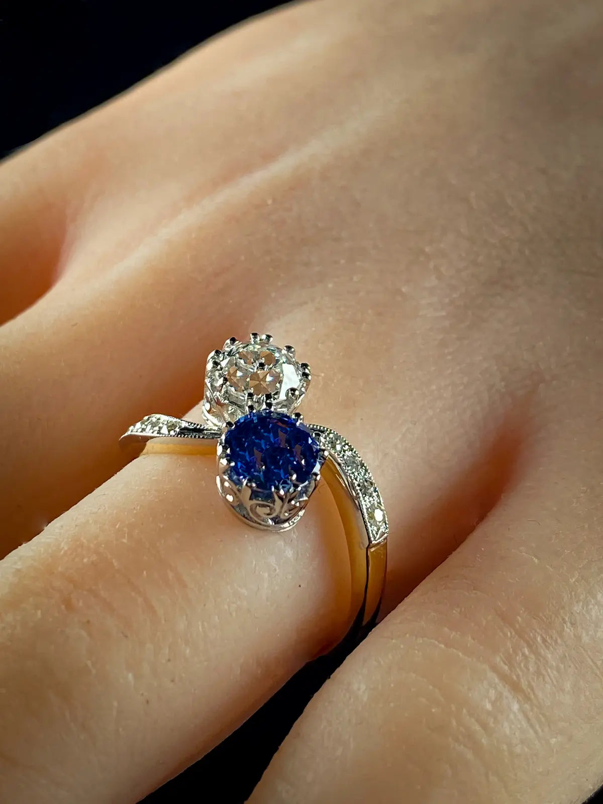 18ct Gold and Platinum Two Stone 1.13ct Sapphire and Old Cut Diamond Crossover Ring