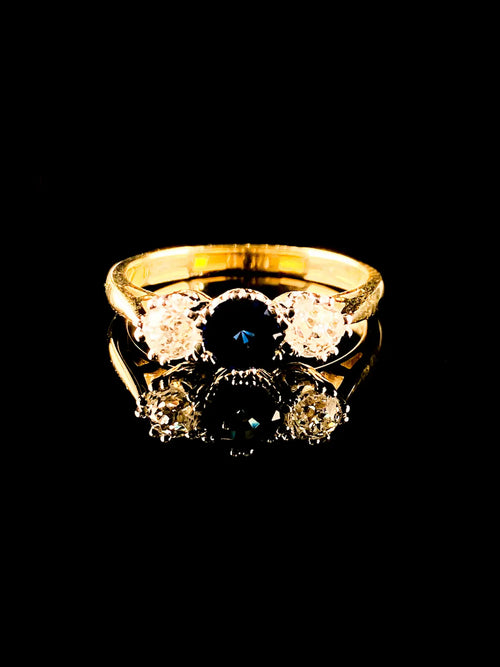 18ct Gold and Platinum 0.58ct Sapphire and Old Cut Diamond Three Stone Ring