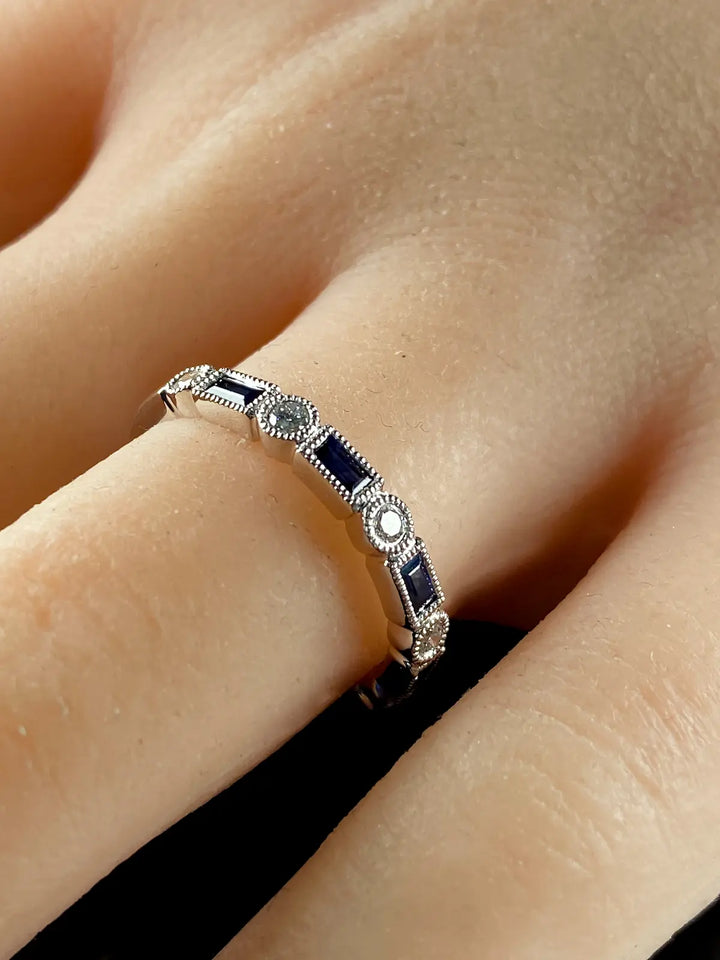 Platinum Art Deco Style Nine Stone 0.44ct Sapphire and Diamond Half Eternity Ring