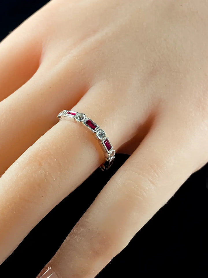 Art Deco Style Platinum Nine Stone 0.33ct  Ruby and Diamond Half Eternity Ring