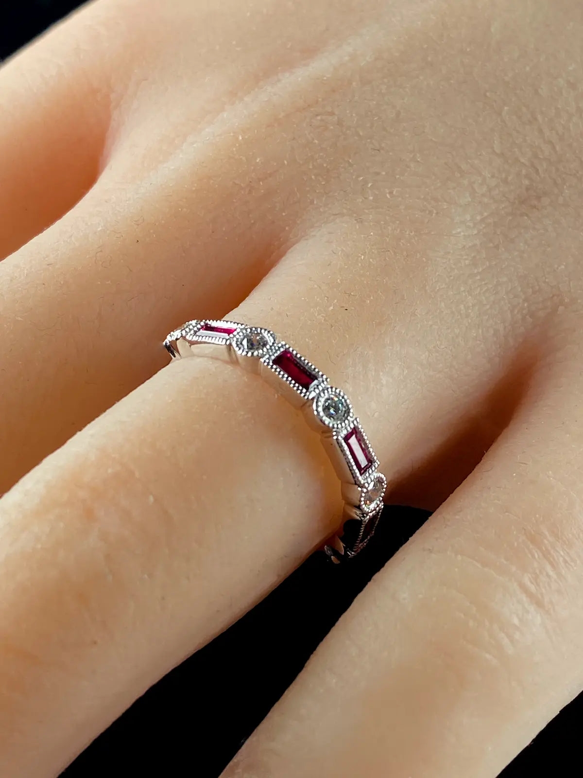 Art Deco Style Platinum Nine Stone 0.33ct  Ruby and Diamond Half Eternity Ring