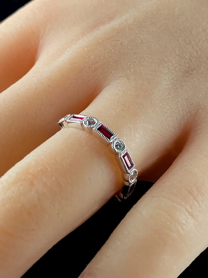 Art Deco Style Platinum Nine Stone 0.33ct  Ruby and Diamond Half Eternity Ring