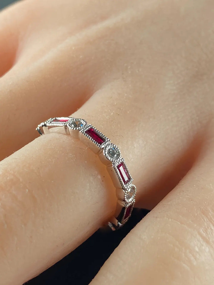 Art Deco Style Platinum Nine Stone 0.33ct  Ruby and Diamond Half Eternity Ring