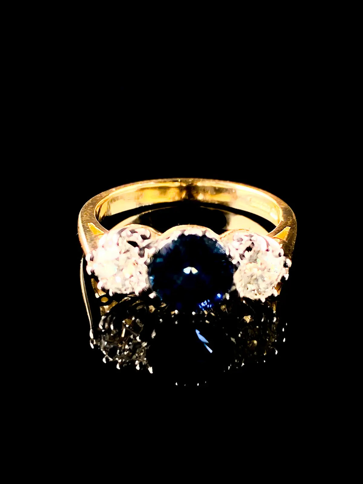 18ct Gold and Platinum 1.67ct Sapphire and Old Cut Diamond Three Stone Ring