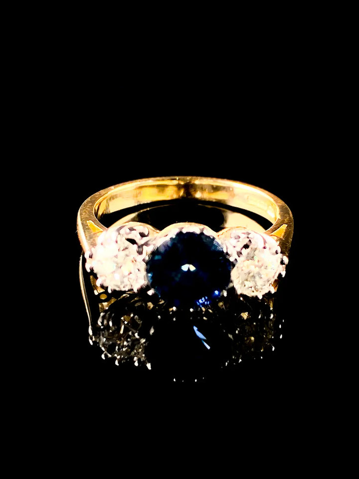18ct Gold and Platinum 1.67ct Sapphire and Old Cut Diamond Three Stone Ring