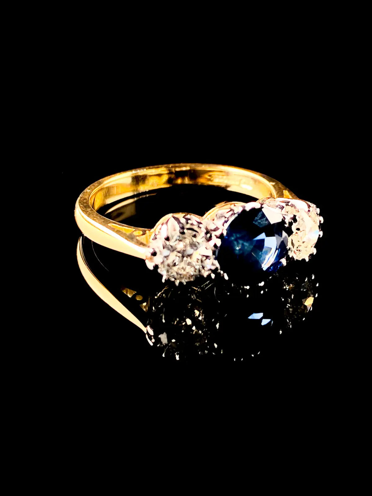 18ct Gold and Platinum 1.67ct Sapphire and Old Cut Diamond Three Stone Ring