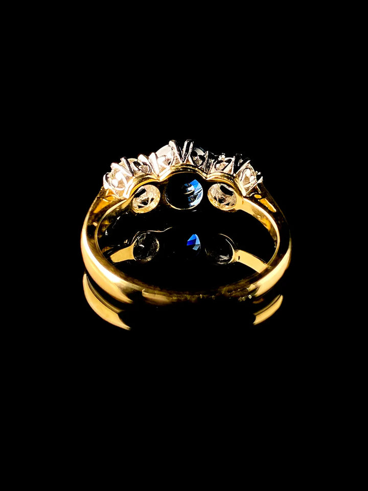 18ct Gold and Platinum 1.67ct Sapphire and Old Cut Diamond Three Stone Ring