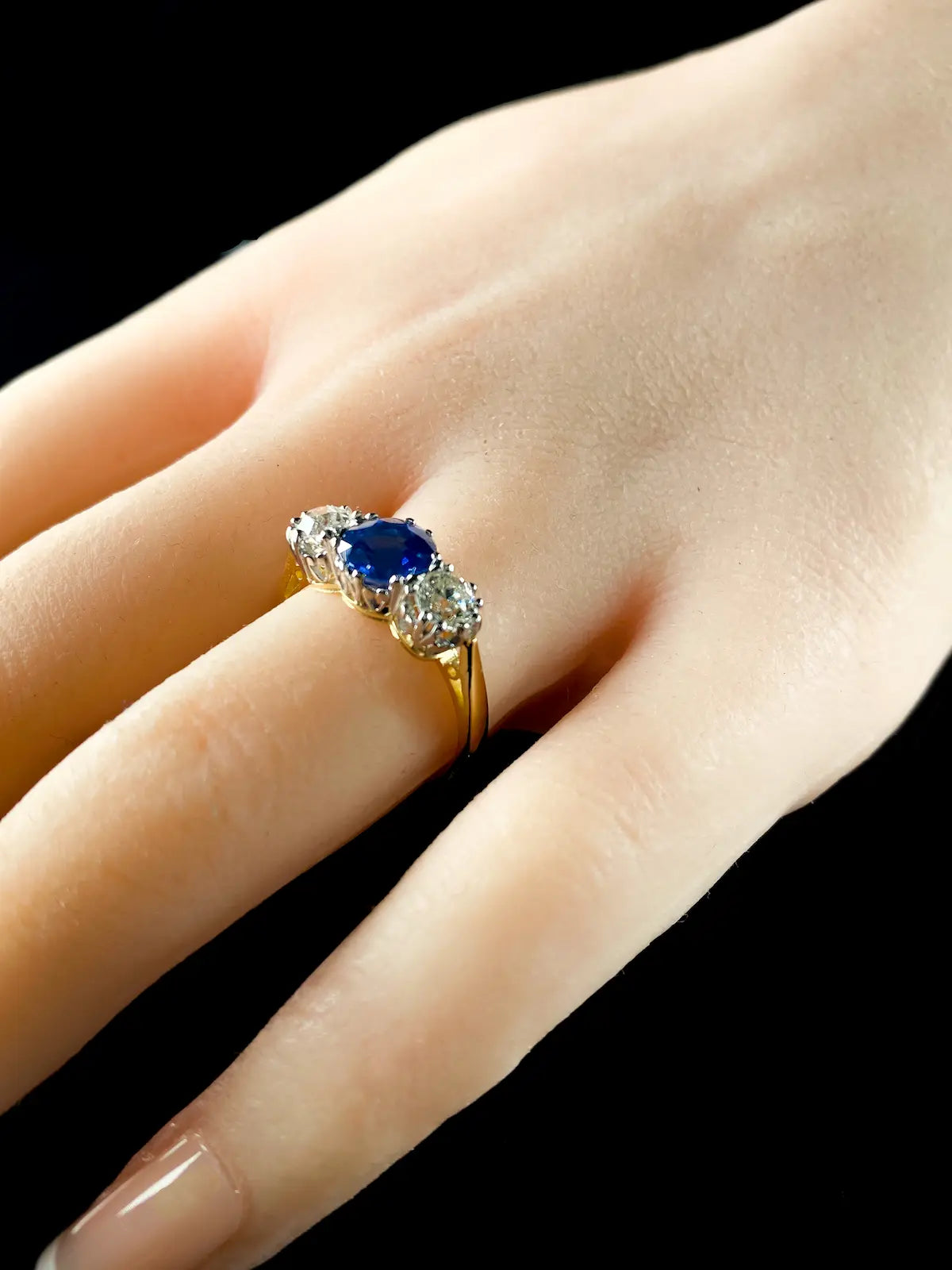 18ct Gold and Platinum 1.67ct Sapphire and Old Cut Diamond Three Stone Ring