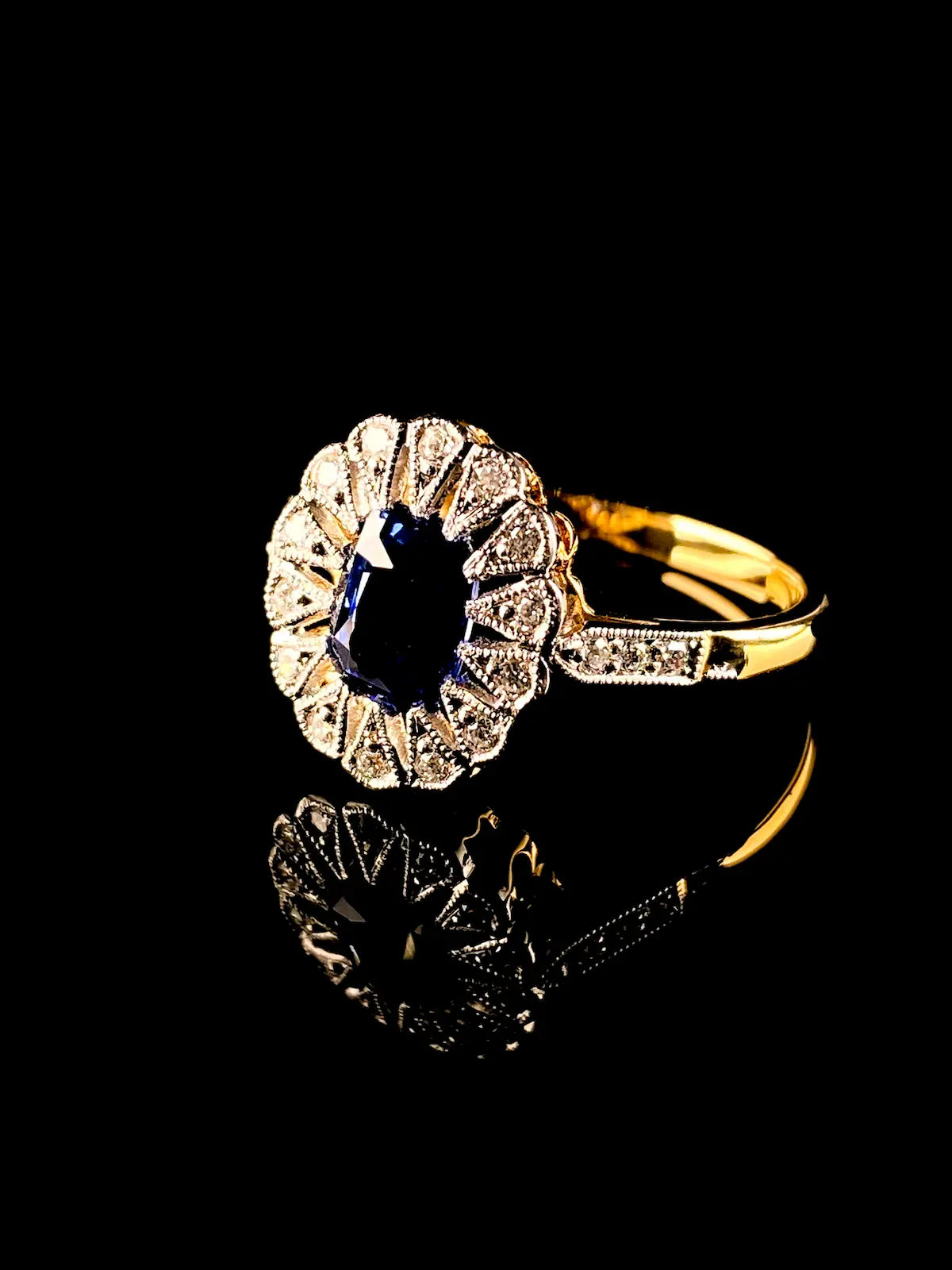 Art Deco Style 18ct Gold and Platinum 1.32ct Sapphire and Diamond Cluster Ring