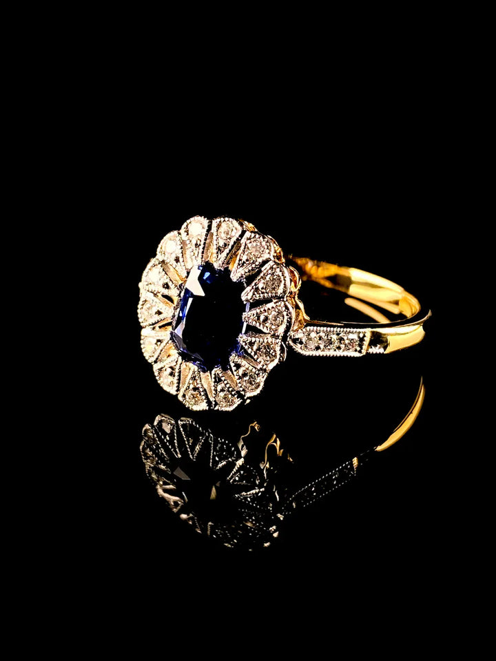 Art Deco Style 18ct Gold and Platinum 1.32ct Sapphire and Diamond Cluster Ring