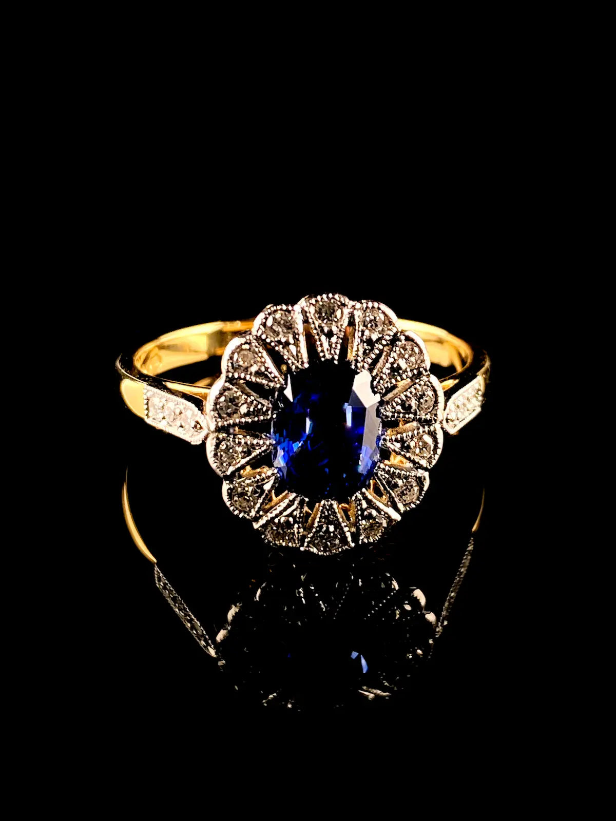 Art Deco Style 18ct Gold and Platinum 1.32ct Sapphire and Diamond Cluster Ring