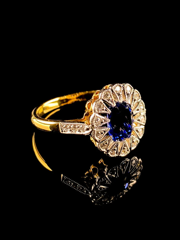 Art Deco Style 18ct Gold and Platinum 1.32ct Sapphire and Diamond Cluster Ring
