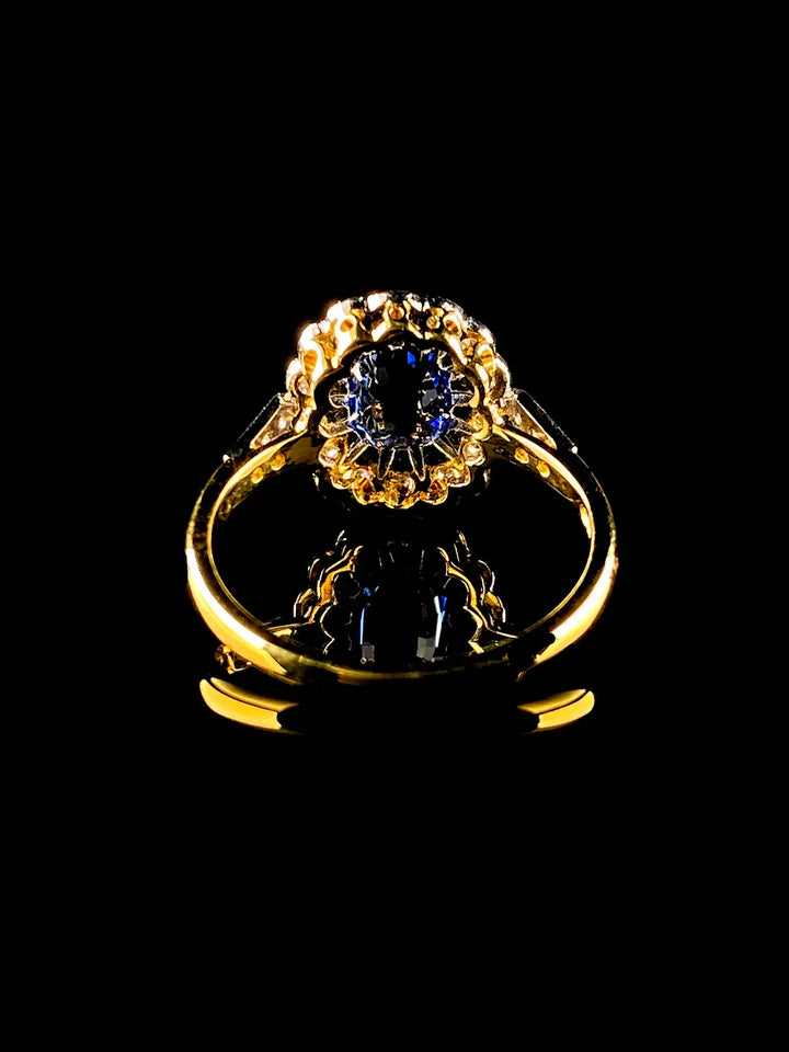 Art Deco Style 18ct Gold and Platinum 1.32ct Sapphire and Diamond Cluster Ring