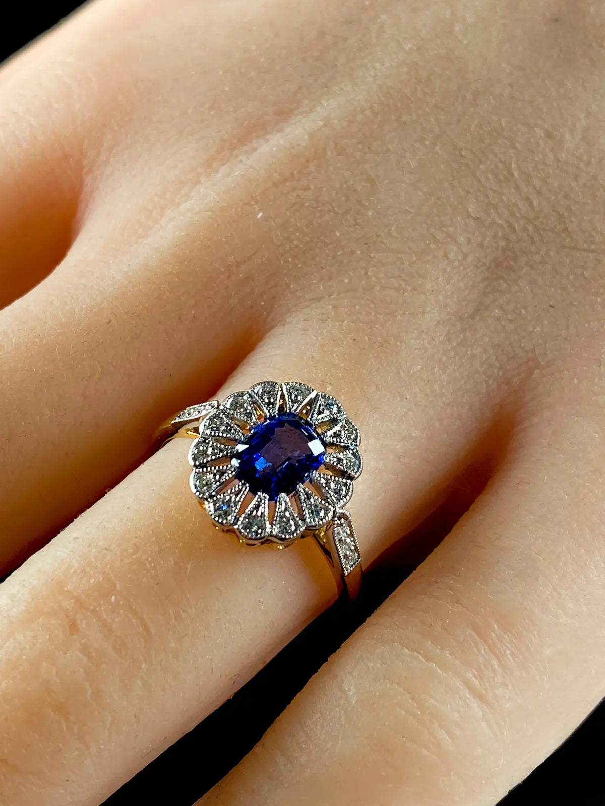 Art Deco Style 18ct Gold and Platinum 1.32ct Sapphire and Diamond Cluster Ring