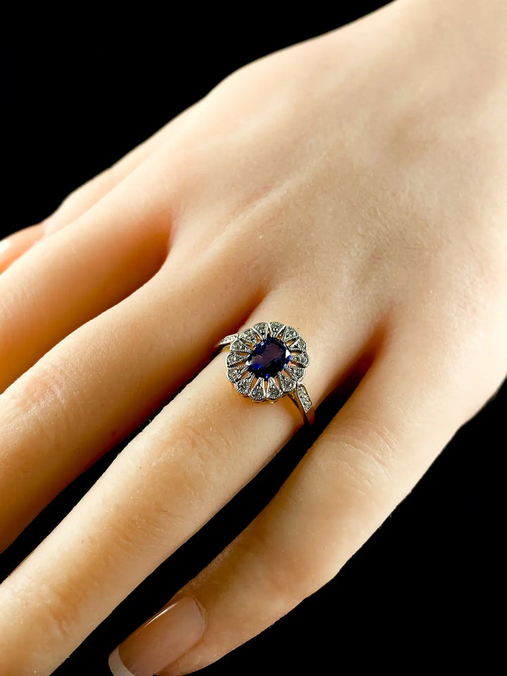 Art Deco Style 18ct Gold and Platinum 1.32ct Sapphire and Diamond Cluster Ring