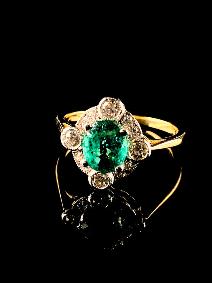 18ct Gold and Platinum 1.14ct Emerald and Diamond Cluster Ring