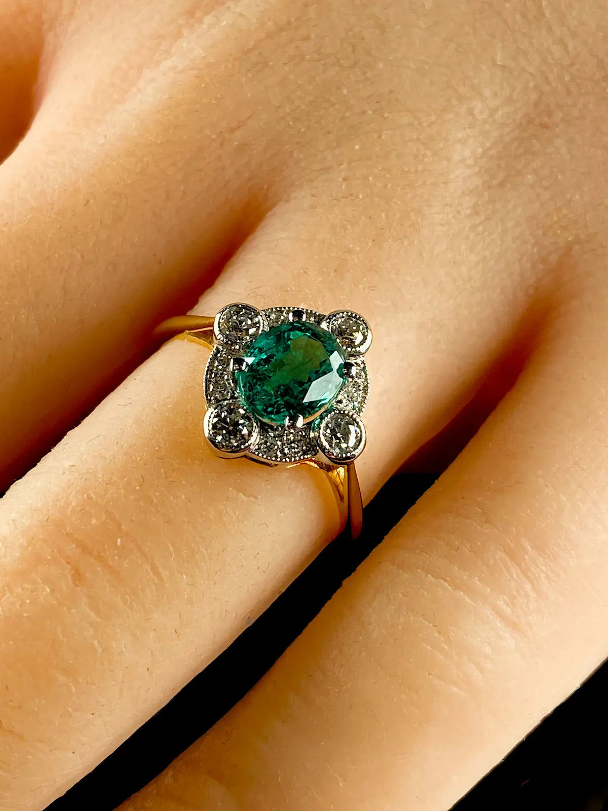 18ct Gold and Platinum 1.14ct Emerald and Diamond Cluster Ring