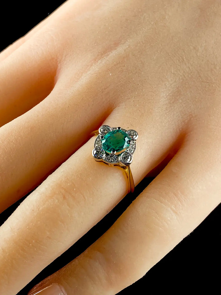 18ct Gold and Platinum 1.14ct Emerald and Diamond Cluster Ring