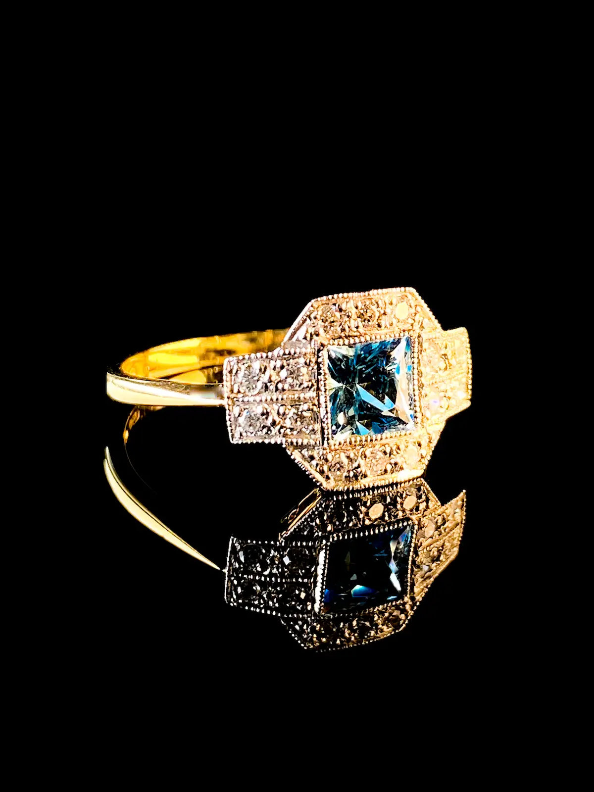 Art Deco Style 18ct Gold and Platinum 0.56ct Aquamarine and Diamond Ring