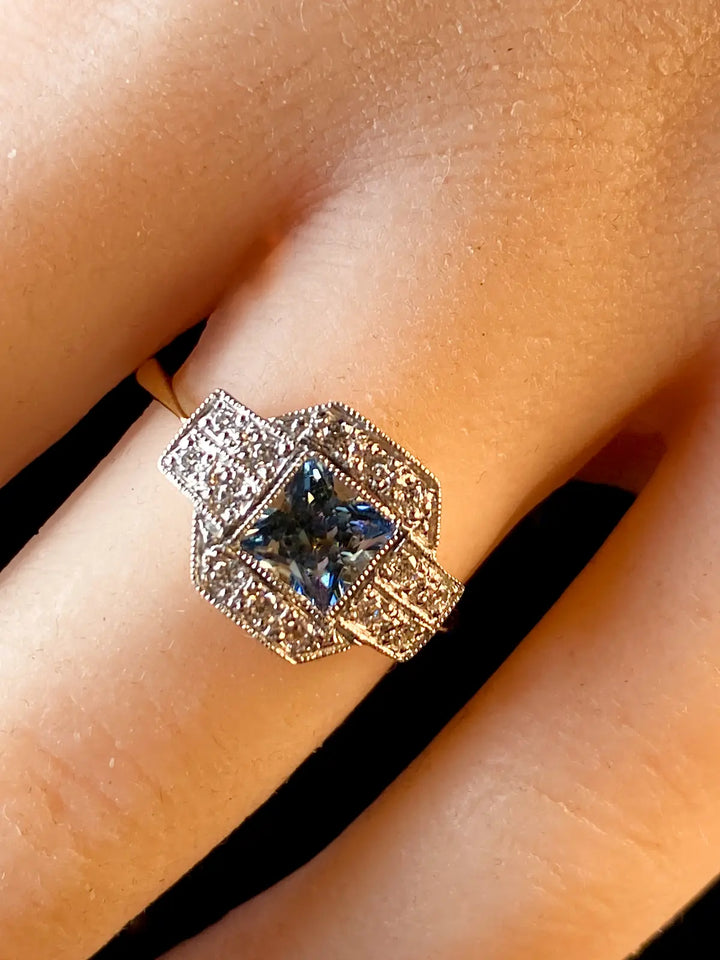 Art Deco Style 18ct Gold and Platinum 0.56ct Aquamarine and Diamond Ring