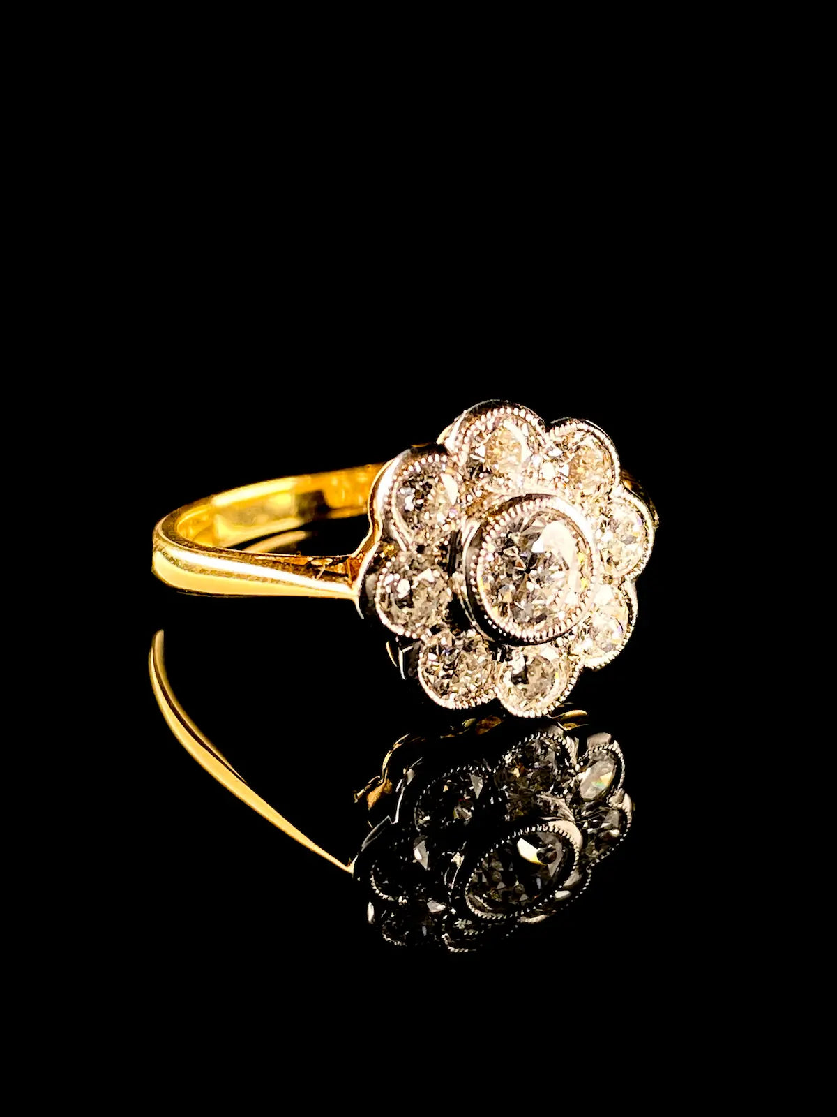 18ct Gold and Platinum 1.08ct Old Cut Diamond Cluster Ring