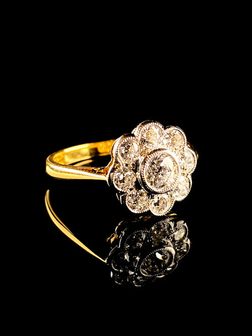 18ct Gold and Platinum 1.08ct Old Cut Diamond Cluster Ring