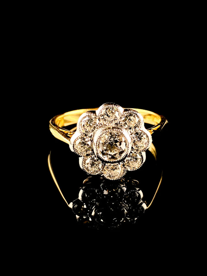 18ct Gold and Platinum 1.08ct Old Cut Diamond Cluster Ring