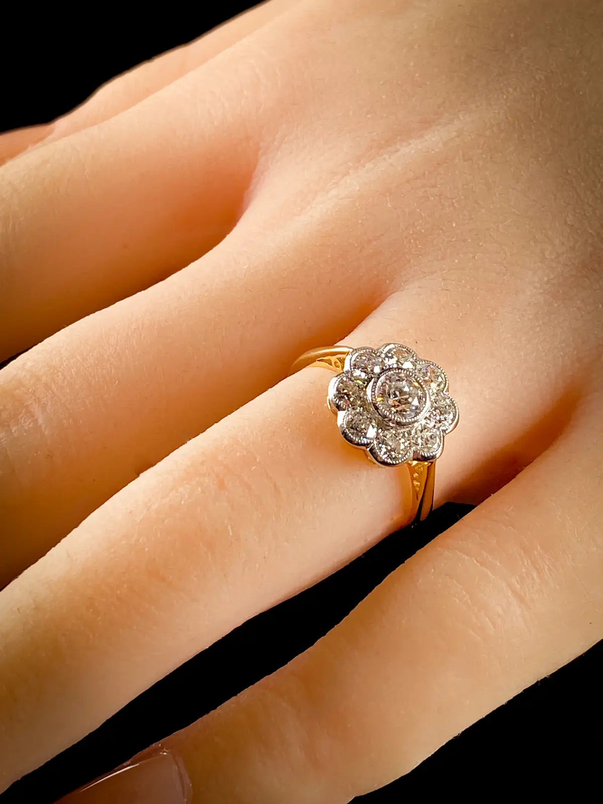 18ct Gold and Platinum 1.08ct Old Cut Diamond Cluster Ring