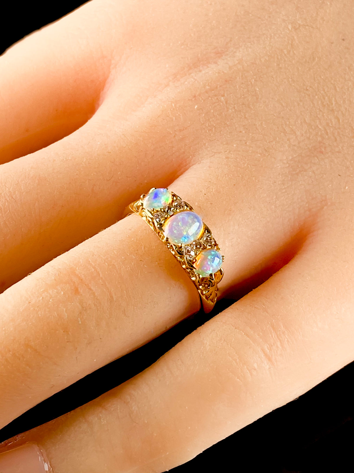 Antique 18ct Yellow Gold Opal and Diamond Carved Hoop Ring, Circa 1900