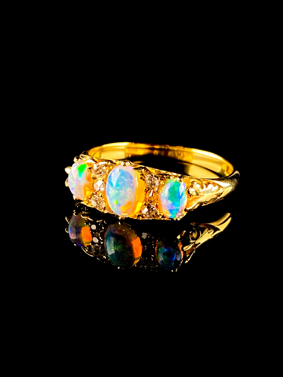 Antique 18ct Yellow Gold Opal and Diamond Carved Hoop Ring, Circa 1900