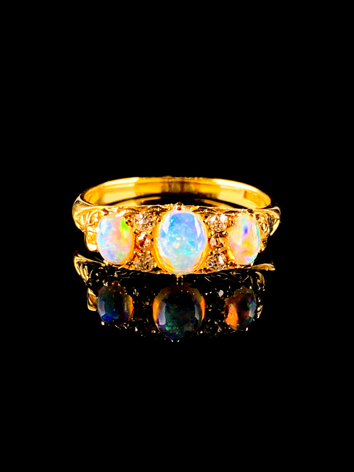 Antique 18ct Yellow Gold Opal and Diamond Carved Hoop Ring, Circa 1900