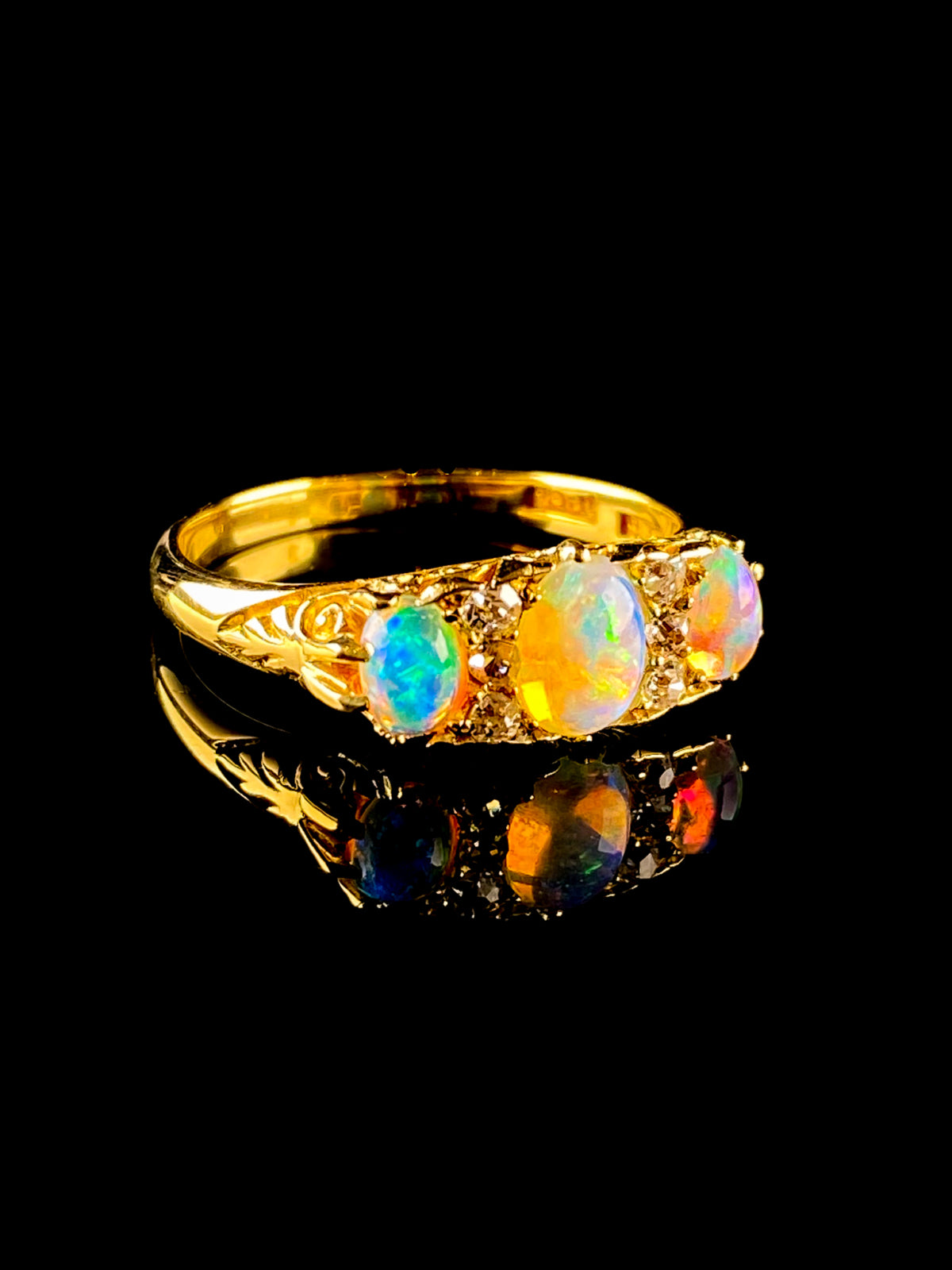 Antique 18ct Yellow Gold Opal and Diamond Carved Hoop Ring, Circa 1900