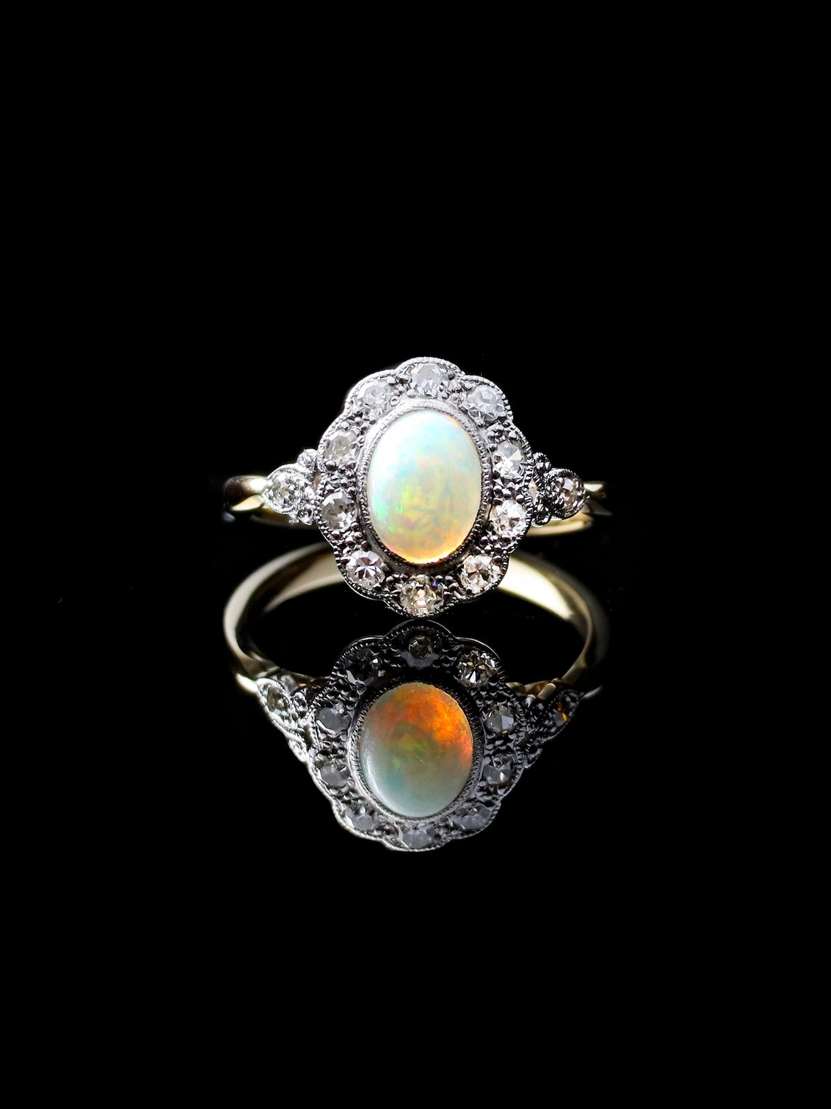 18ct Gold Opal and Old-Cut Diamond Oval Cluster Ring
