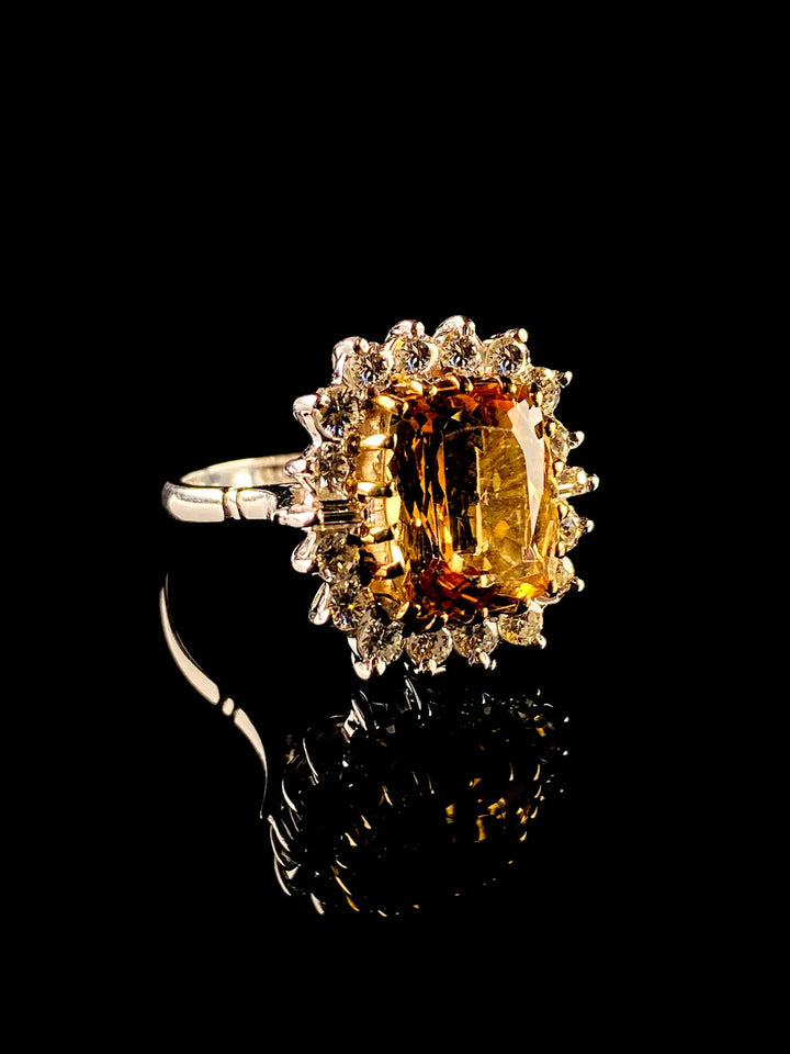 Vintage 18ct Gold 5.64ct Yellow Topaz and Diamond Cluster Ring