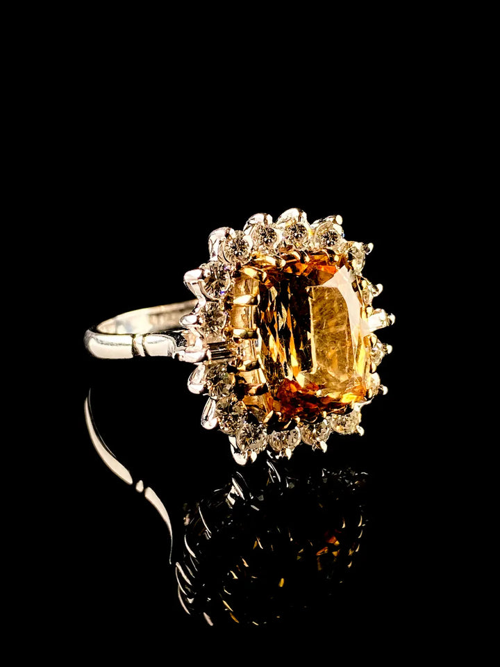 Vintage 18ct Gold 5.64ct Yellow Topaz and Diamond Cluster Ring